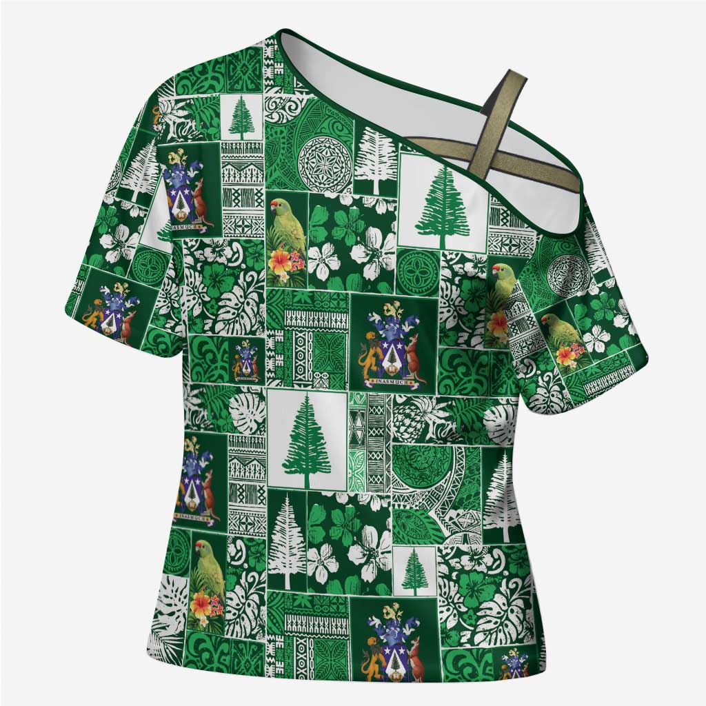 Norfolk Island Meri Krismas Cross Shoulder Shirt Pacific Patchwork Xmas Vibes - Polynesian Pride