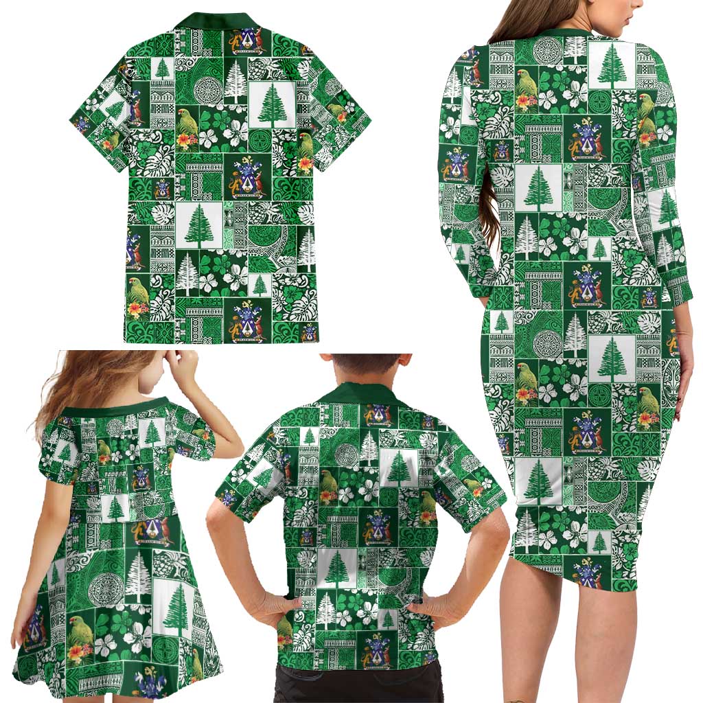 Norfolk Island Meri Krismas Family Matching Long Sleeve Bodycon Dress and Hawaiian Shirt Pacific Patchwork Xmas Vibes - Polynesian Pride