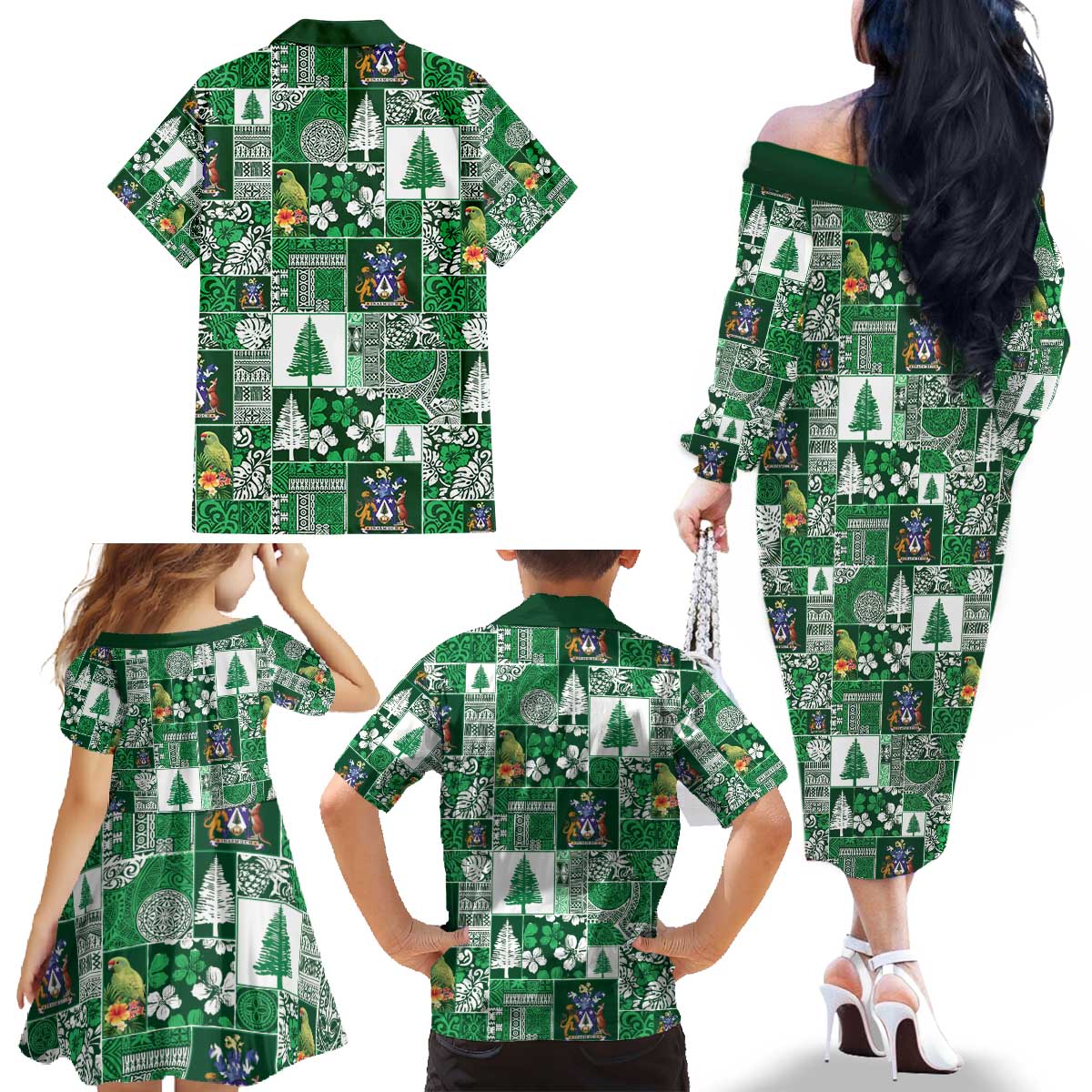 Norfolk Island Meri Krismas Family Matching Off The Shoulder Long Sleeve Dress and Hawaiian Shirt Pacific Patchwork Xmas Vibes - Polynesian Pride