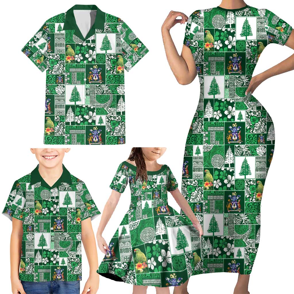 Norfolk Island Meri Krismas Family Matching Short Sleeve Bodycon Dress and Hawaiian Shirt Pacific Patchwork Xmas Vibes - Polynesian Pride