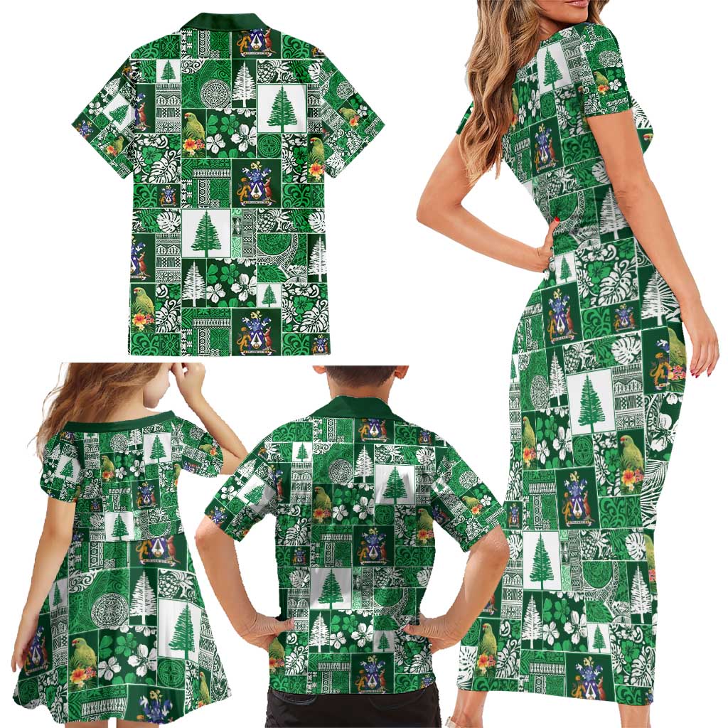 Norfolk Island Meri Krismas Family Matching Short Sleeve Bodycon Dress and Hawaiian Shirt Pacific Patchwork Xmas Vibes - Polynesian Pride