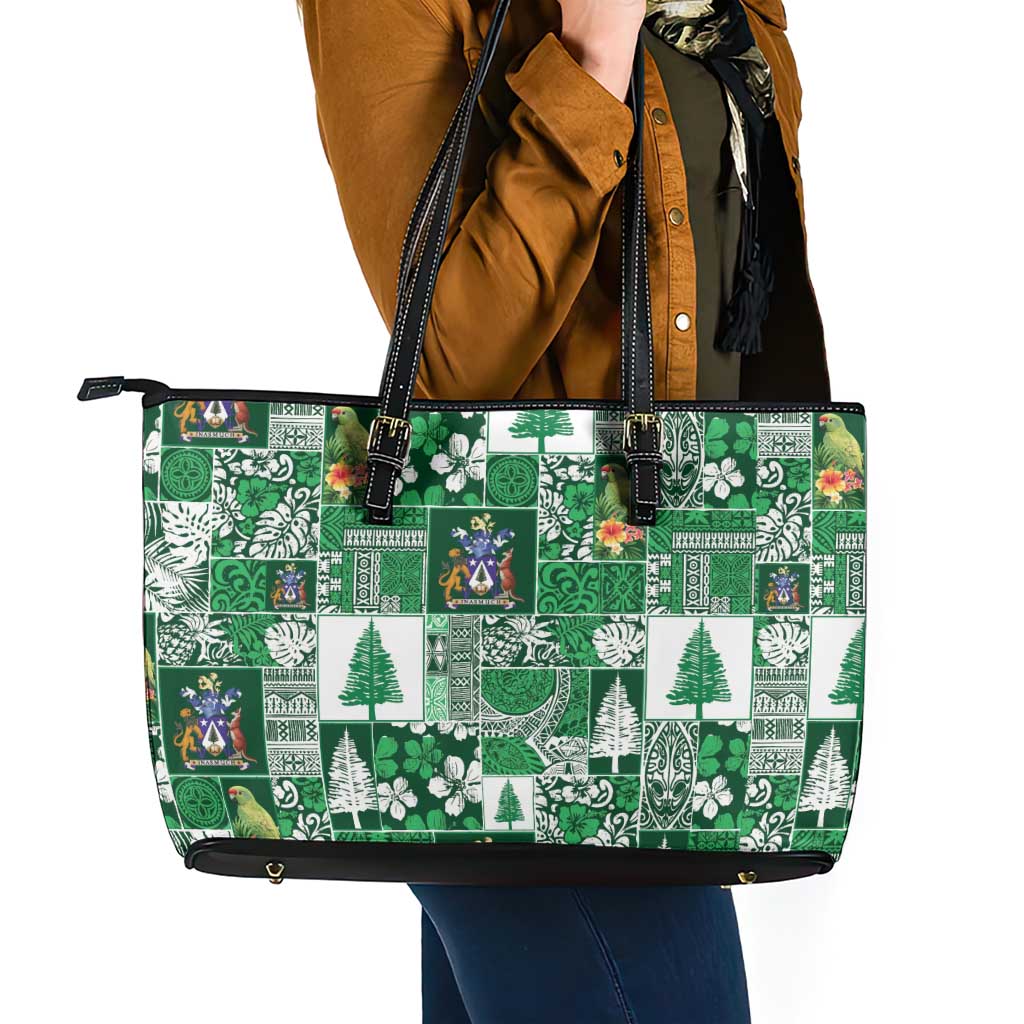Norfolk Island Meri Krismas Leather Tote Bag Pacific Patchwork Xmas Vibes - Polynesian Pride