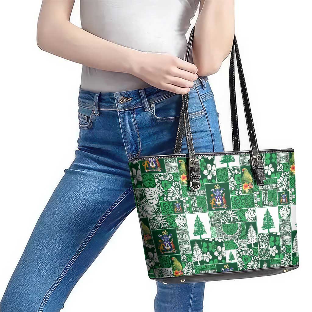 Norfolk Island Meri Krismas Leather Tote Bag Pacific Patchwork Xmas Vibes - Polynesian Pride