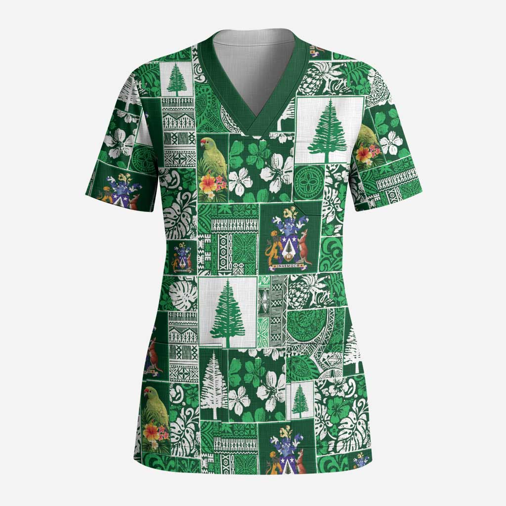 Norfolk Island Meri Krismas Scrub Top Pacific Patchwork Xmas Vibes - Polynesian Pride