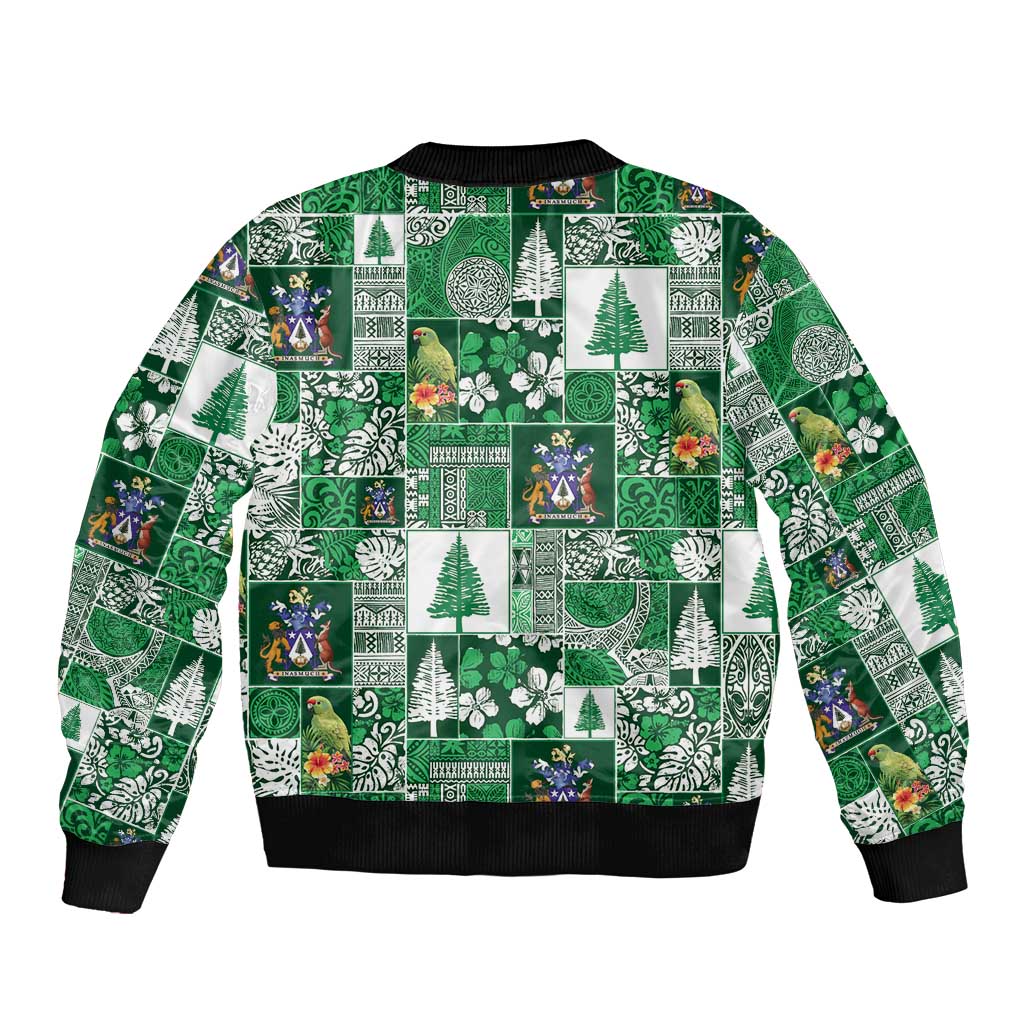 Norfolk Island Meri Krismas Sleeve Zip Bomber Jacket Pacific Patchwork Xmas Vibes - Polynesian Pride