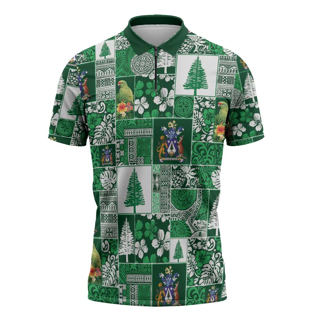Norfolk Island Meri Krismas Zipper Polo Shirt Pacific Patchwork Xmas Vibes - Polynesian Pride