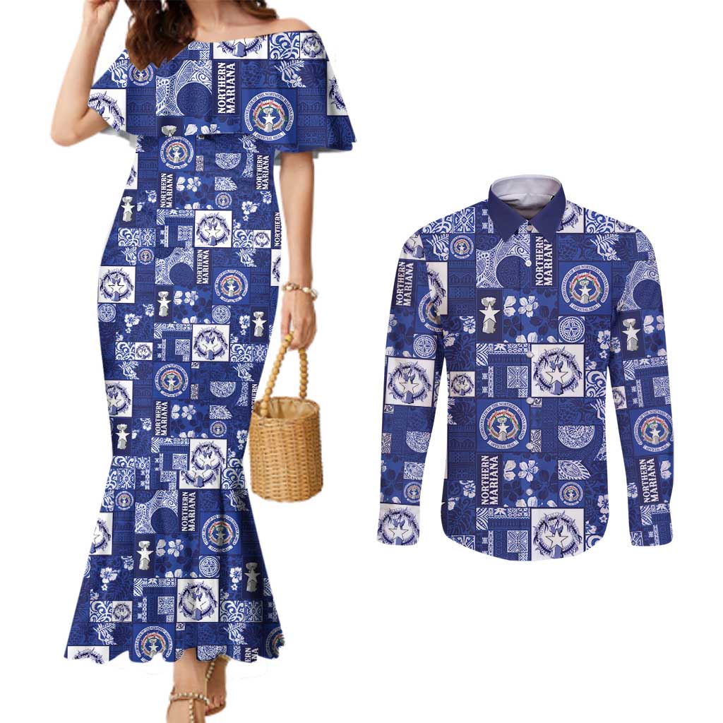 Northern Mariana Islands Magof Nochebuena Couples Matching Mermaid Dress and Long Sleeve Button Shirt Pacific Patchwork Xmas Vibes - Polynesian Pride