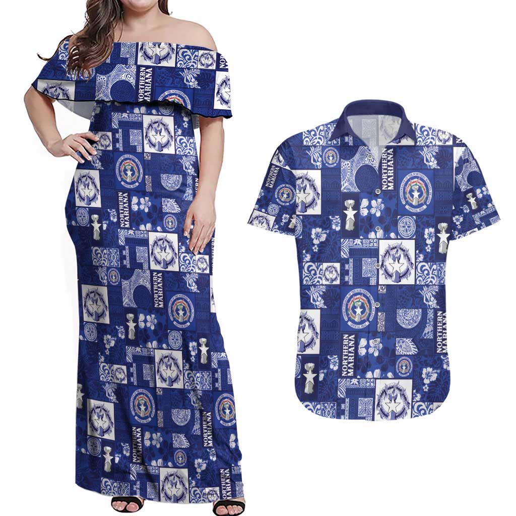 Northern Mariana Islands Magof Nochebuena Couples Matching Off Shoulder Maxi Dress and Hawaiian Shirt Pacific Patchwork Xmas Vibes - Polynesian Pride
