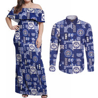 Northern Mariana Islands Magof Nochebuena Couples Matching Off Shoulder Maxi Dress and Long Sleeve Button Shirt Pacific Patchwork Xmas Vibes - Polynesian Pride