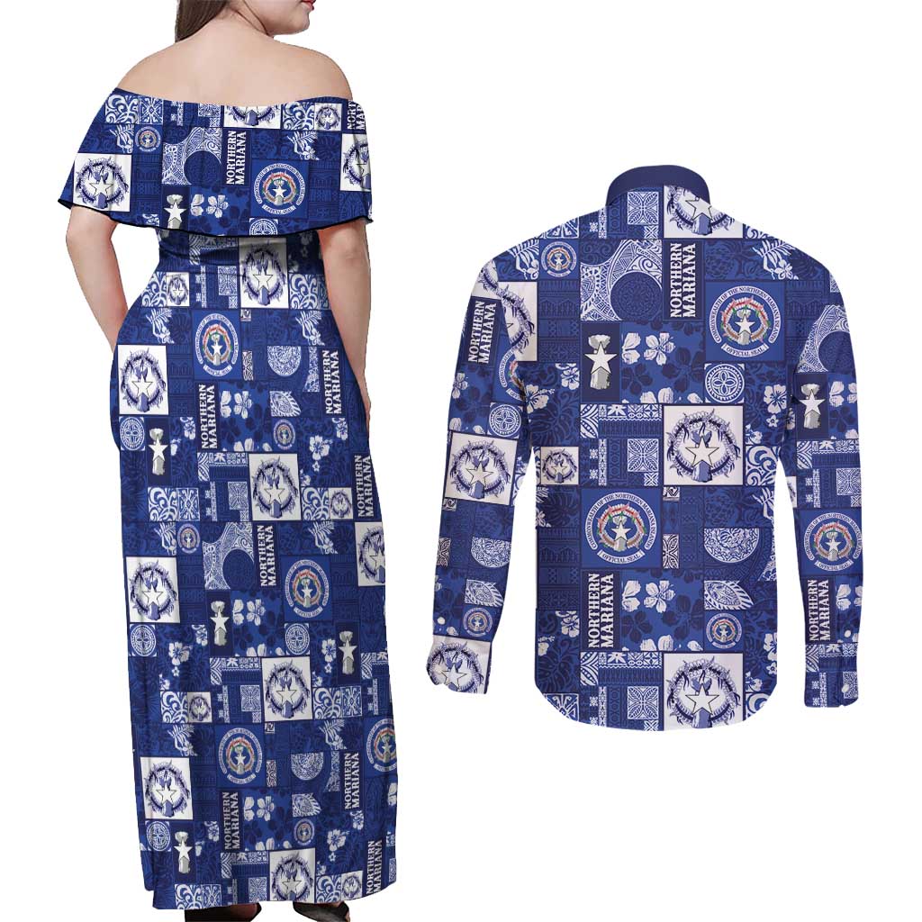 Northern Mariana Islands Magof Nochebuena Couples Matching Off Shoulder Maxi Dress and Long Sleeve Button Shirt Pacific Patchwork Xmas Vibes - Polynesian Pride