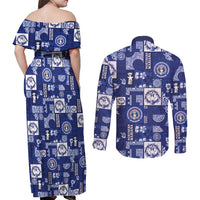 Northern Mariana Islands Magof Nochebuena Couples Matching Off Shoulder Maxi Dress and Long Sleeve Button Shirt Pacific Patchwork Xmas Vibes - Polynesian Pride