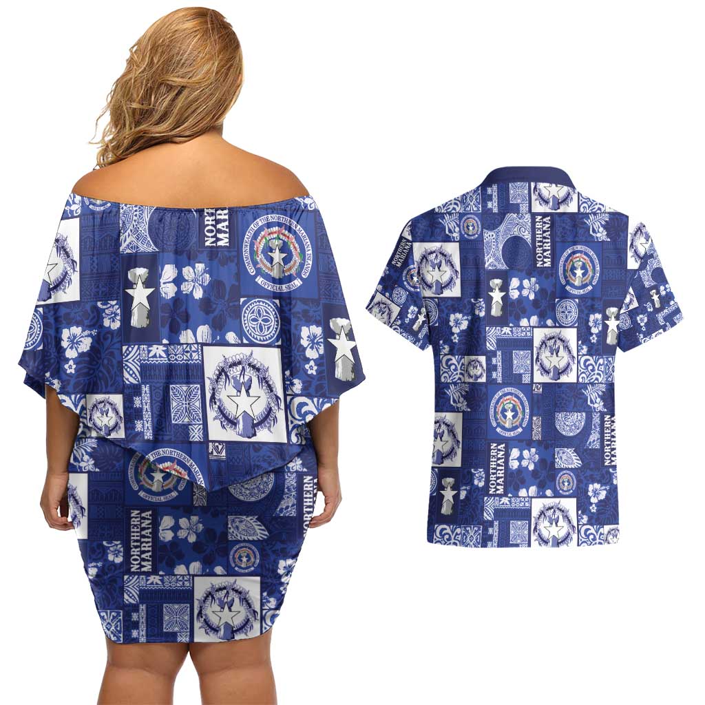Northern Mariana Islands Magof Nochebuena Couples Matching Off Shoulder Short Dress and Hawaiian Shirt Pacific Patchwork Xmas Vibes - Polynesian Pride