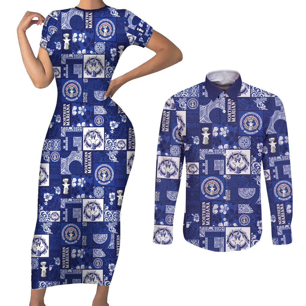 Northern Mariana Islands Magof Nochebuena Couples Matching Short Sleeve Bodycon Dress and Long Sleeve Button Shirt Pacific Patchwork Xmas Vibes - Polynesian Pride