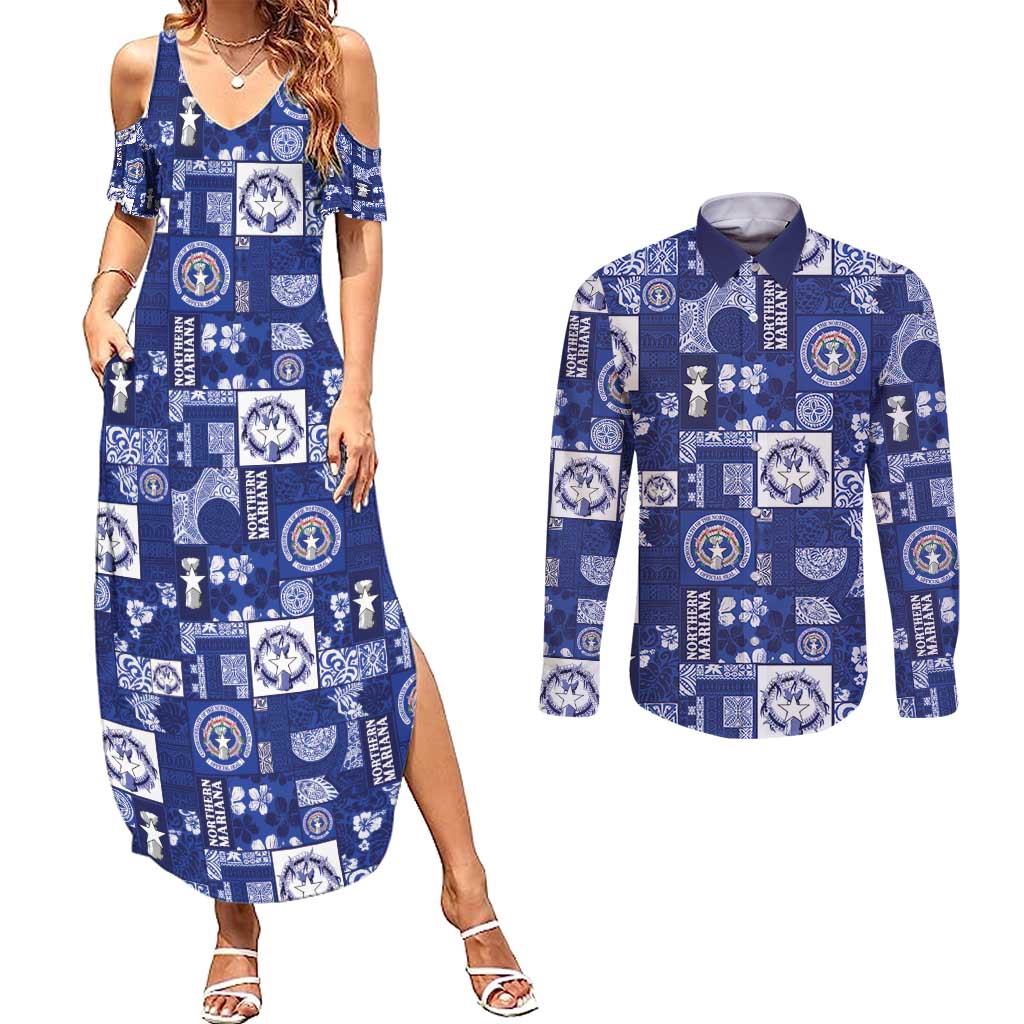 Northern Mariana Islands Magof Nochebuena Couples Matching Summer Maxi Dress and Long Sleeve Button Shirt Pacific Patchwork Xmas Vibes - Polynesian Pride