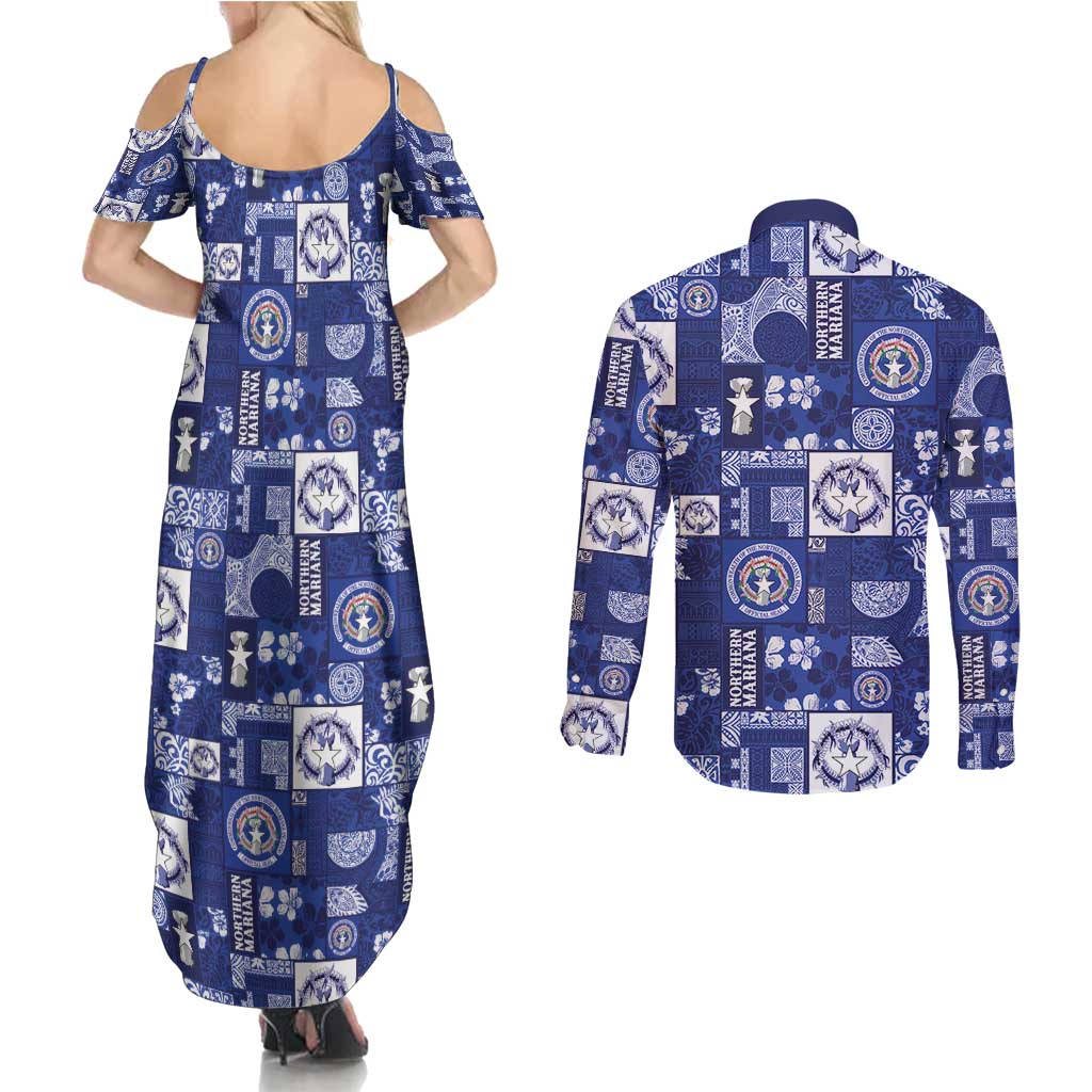 Northern Mariana Islands Magof Nochebuena Couples Matching Summer Maxi Dress and Long Sleeve Button Shirt Pacific Patchwork Xmas Vibes - Polynesian Pride