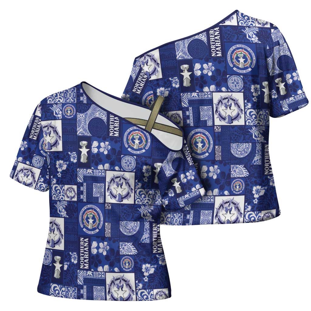 Northern Mariana Islands Magof Nochebuena Cross Shoulder Shirt Pacific Patchwork Xmas Vibes - Polynesian Pride