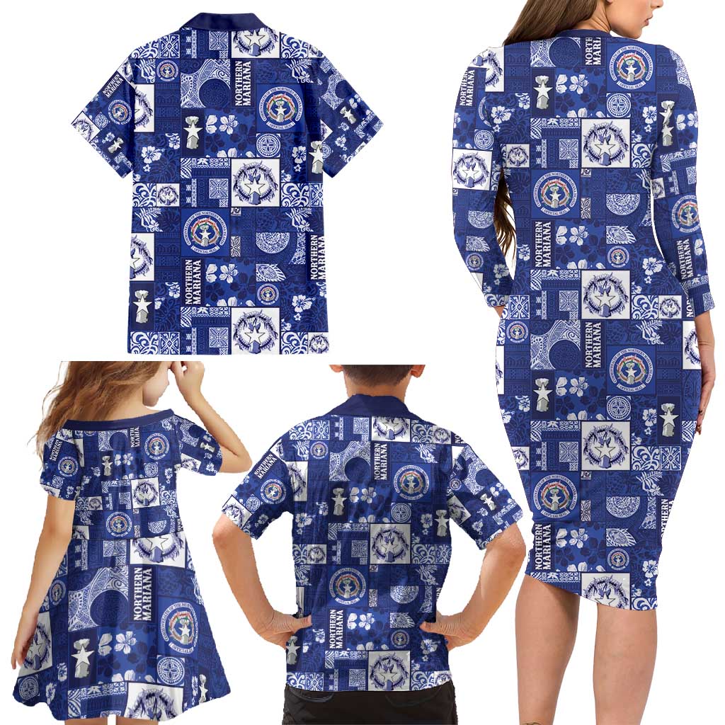 Northern Mariana Islands Magof Nochebuena Family Matching Long Sleeve Bodycon Dress and Hawaiian Shirt Pacific Patchwork Xmas Vibes - Polynesian Pride