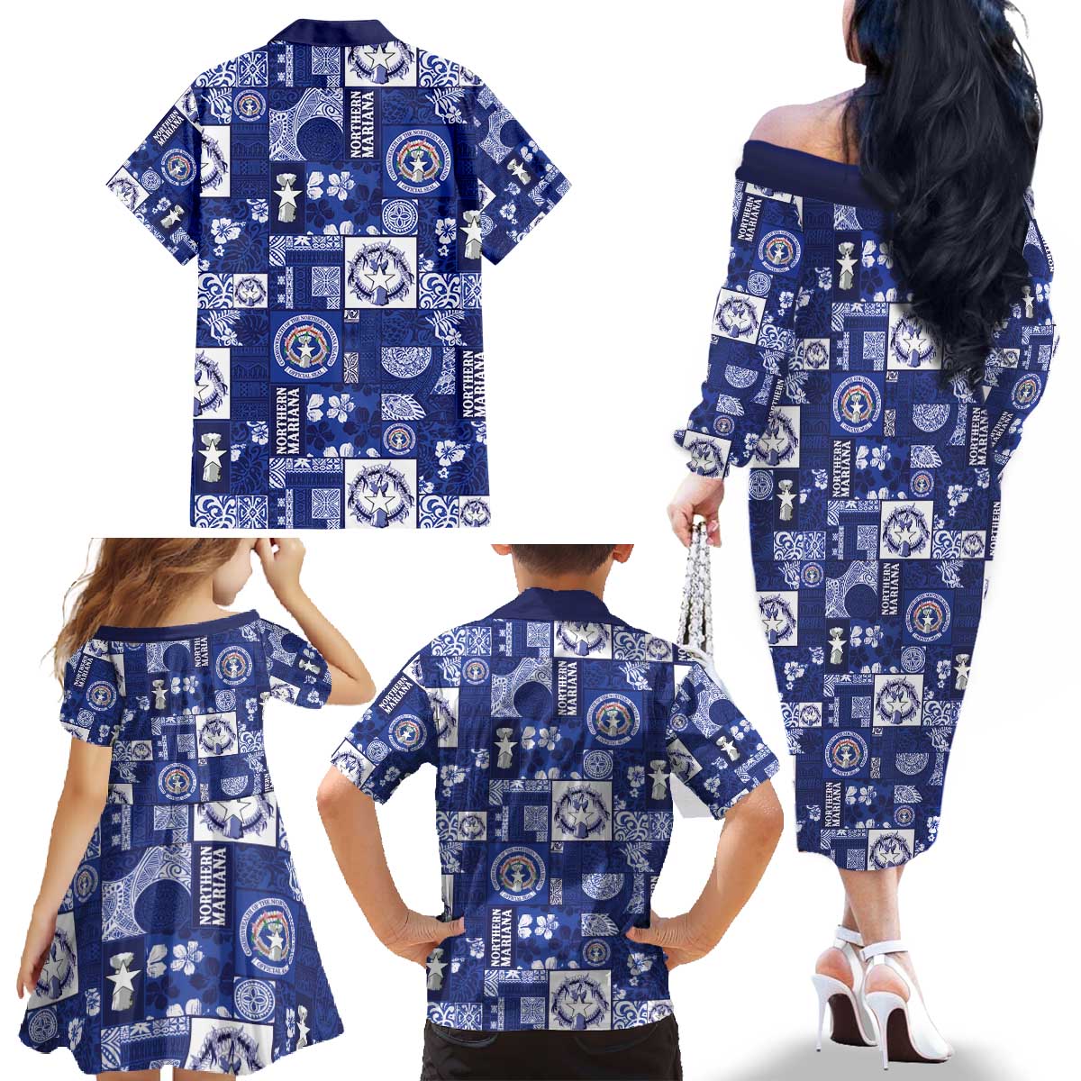 Northern Mariana Islands Magof Nochebuena Family Matching Off The Shoulder Long Sleeve Dress and Hawaiian Shirt Pacific Patchwork Xmas Vibes - Polynesian Pride