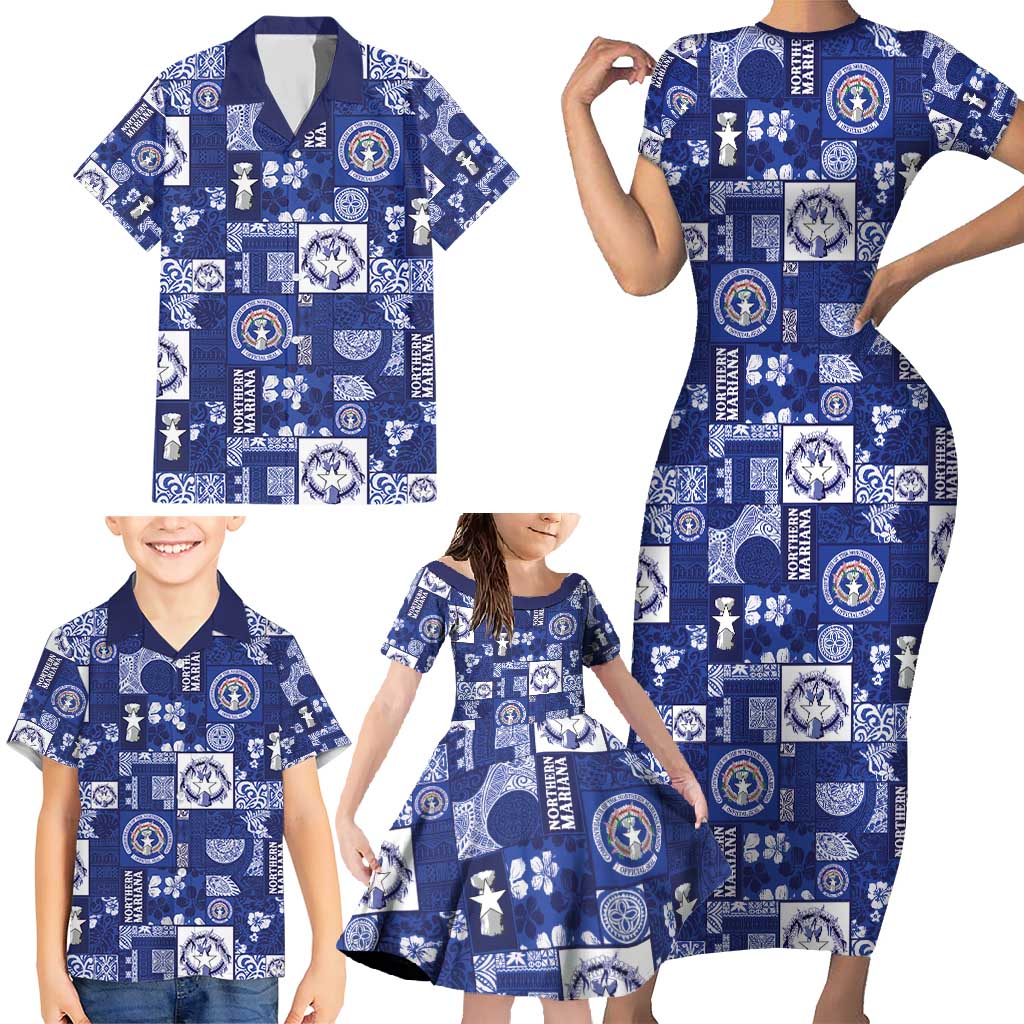 Northern Mariana Islands Magof Nochebuena Family Matching Short Sleeve Bodycon Dress and Hawaiian Shirt Pacific Patchwork Xmas Vibes - Polynesian Pride