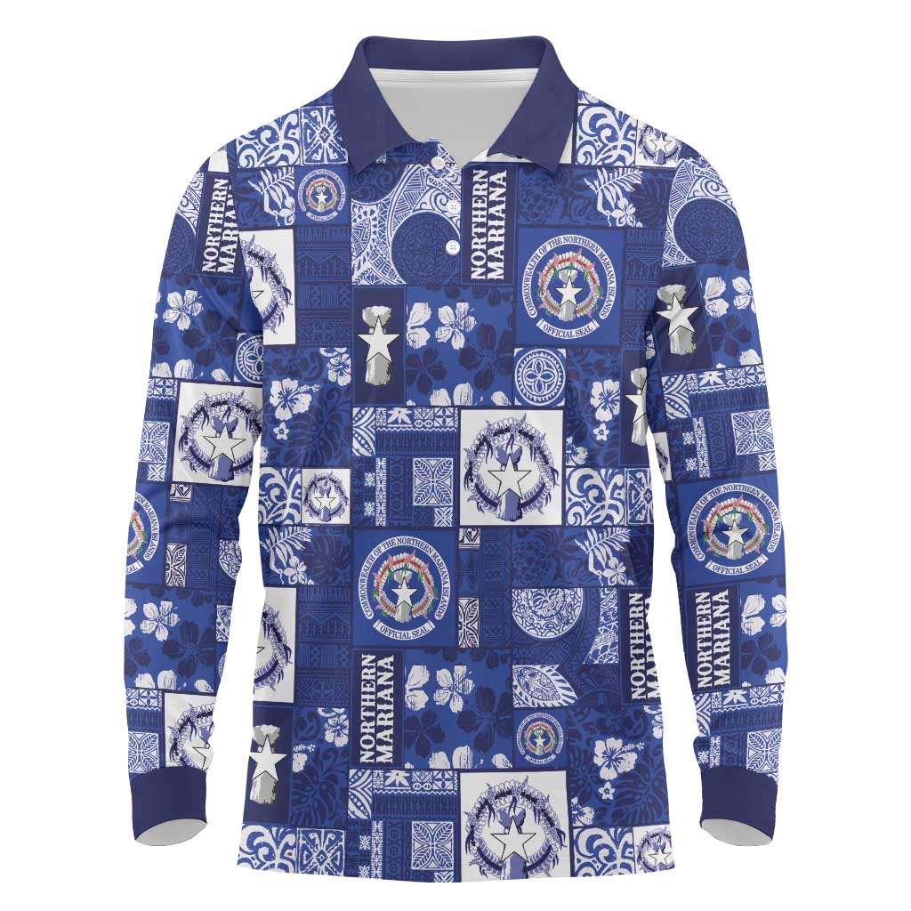 Northern Mariana Islands Magof Nochebuena Long Sleeve Polo Shirt Pacific Patchwork Xmas Vibes - Polynesian Pride
