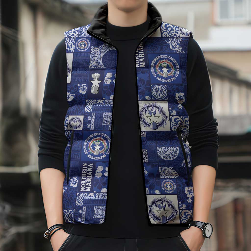 Northern Mariana Islands Magof Nochebuena Sleeveless Puffer Jacket Pacific Patchwork Xmas Vibes - Polynesian Pride