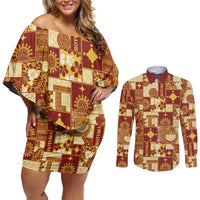 Rotuma Faiakse'ea 'e Kirisimasi Couples Matching Off Shoulder Short Dress and Long Sleeve Button Shirt Pacific Patchwork Xmas Vibes - Polynesian Pride