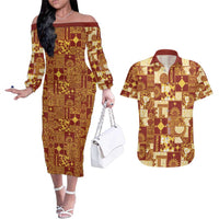 Rotuma Faiakse'ea 'e Kirisimasi Couples Matching Off The Shoulder Long Sleeve Dress and Hawaiian Shirt Pacific Patchwork Xmas Vibes - Polynesian Pride