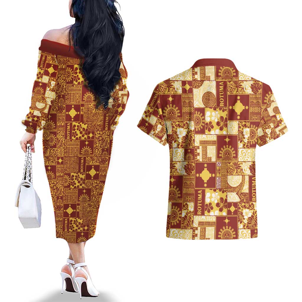 Rotuma Faiakse'ea 'e Kirisimasi Couples Matching Off The Shoulder Long Sleeve Dress and Hawaiian Shirt Pacific Patchwork Xmas Vibes - Polynesian Pride