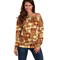 Rotuma Faiakse'ea 'e Kirisimasi Off Shoulder Sweater Pacific Patchwork Xmas Vibes LT9 Women Red - Polynesian Pride