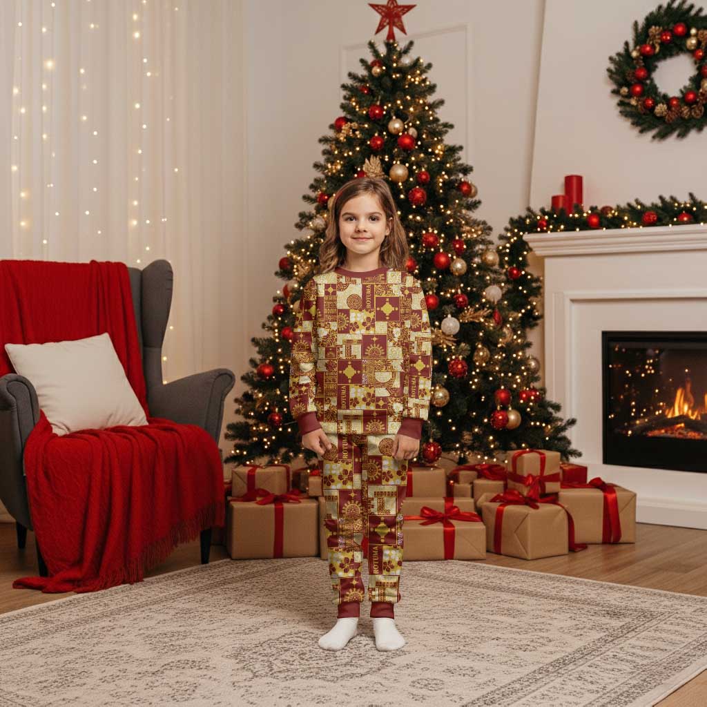 Rotuma Faiakse'ea 'e Kirisimasi Christmas Pajama Set Pacific Patchwork Xmas Vibes LT9 Kid Red - Polynesian Pride