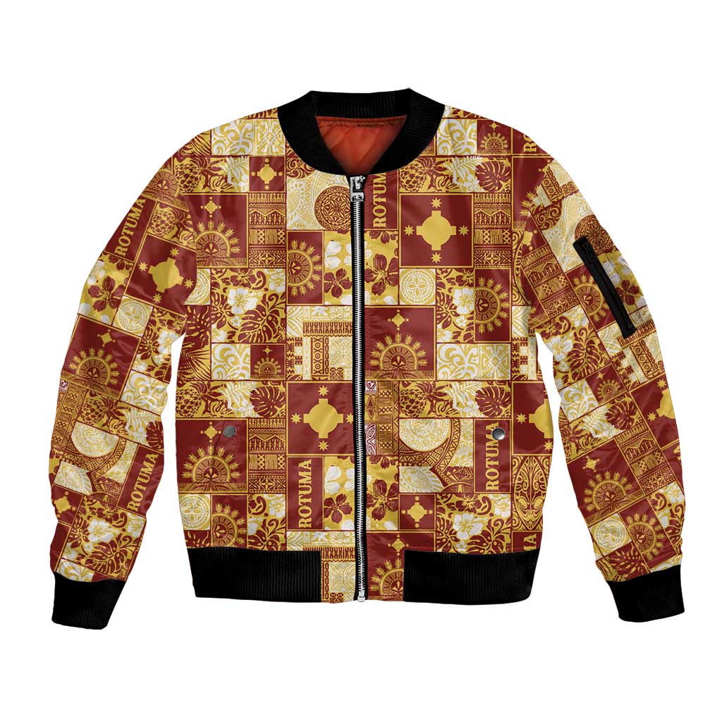 Rotuma Faiakse'ea 'e Kirisimasi Sleeve Zip Bomber Jacket Pacific Patchwork Xmas Vibes LT9 Unisex Red - Polynesian Pride