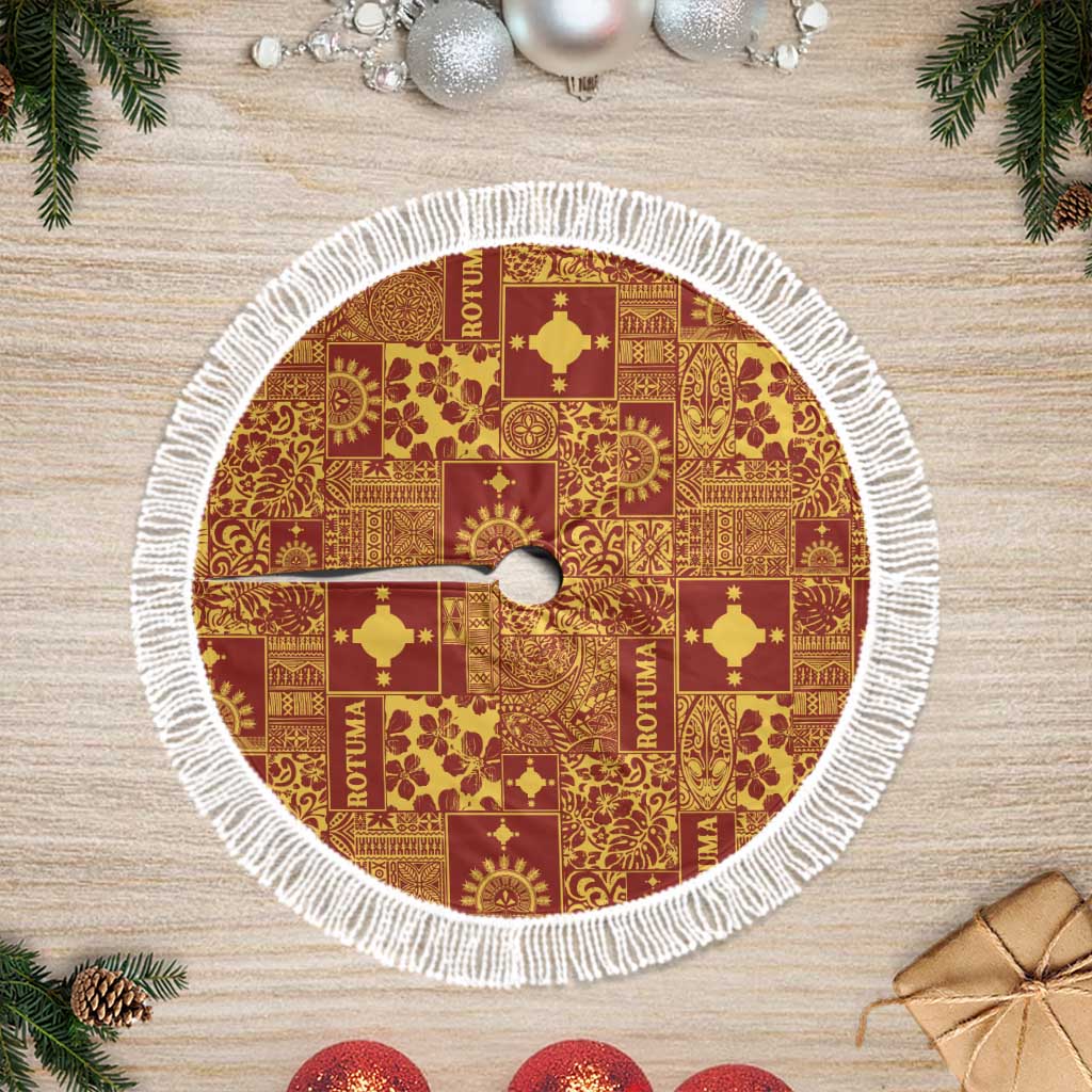 Rotuma Faiakse'ea 'e Kirisimasi Tree Skirt Pacific Patchwork Xmas Vibes LT9 Fringed Red - Polynesian Pride