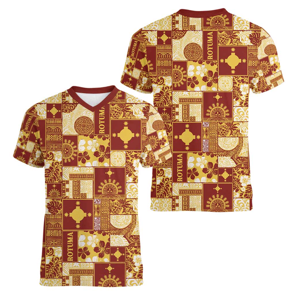 Rotuma Faiakse'ea 'e Kirisimasi Women V-Neck T-Shirt Pacific Patchwork Xmas Vibes - Polynesian Pride