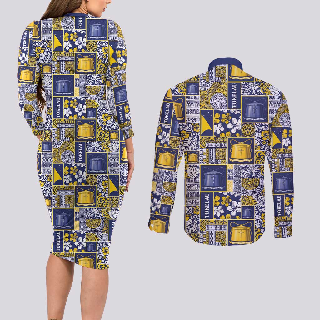 Tokelau Manuia te Kilihimahi Couples Matching Long Sleeve Bodycon Dress and Long Sleeve Button Shirt Pacific Patchwork Xmas Vibes - Polynesian Pride
