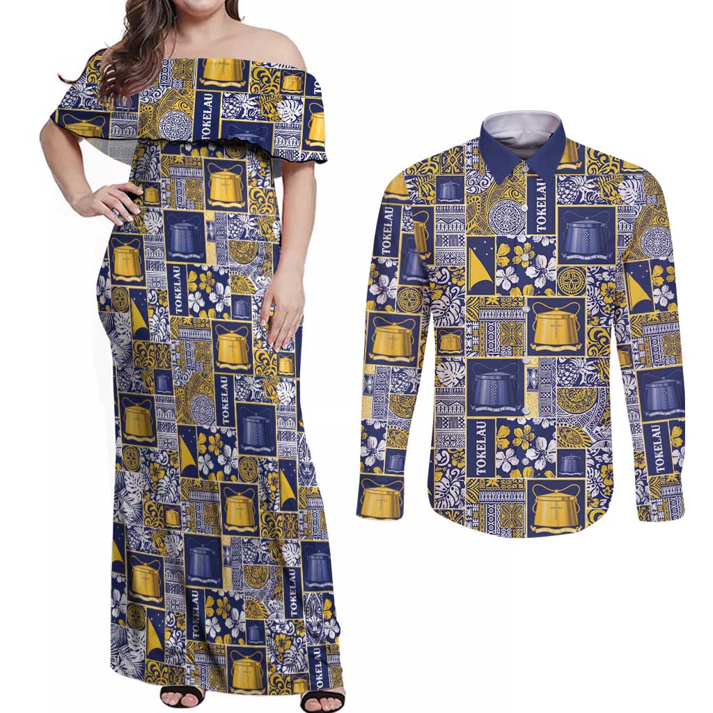 Tokelau Manuia te Kilihimahi Couples Matching Off Shoulder Maxi Dress and Long Sleeve Button Shirt Pacific Patchwork Xmas Vibes - Polynesian Pride