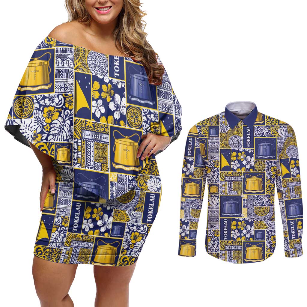 Tokelau Manuia te Kilihimahi Couples Matching Off Shoulder Short Dress and Long Sleeve Button Shirt Pacific Patchwork Xmas Vibes - Polynesian Pride