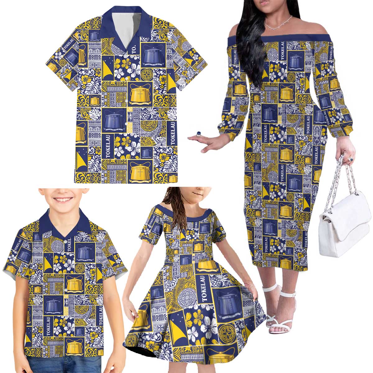 Tokelau Manuia te Kilihimahi Family Matching Off The Shoulder Long Sleeve Dress and Hawaiian Shirt Pacific Patchwork Xmas Vibes - Polynesian Pride