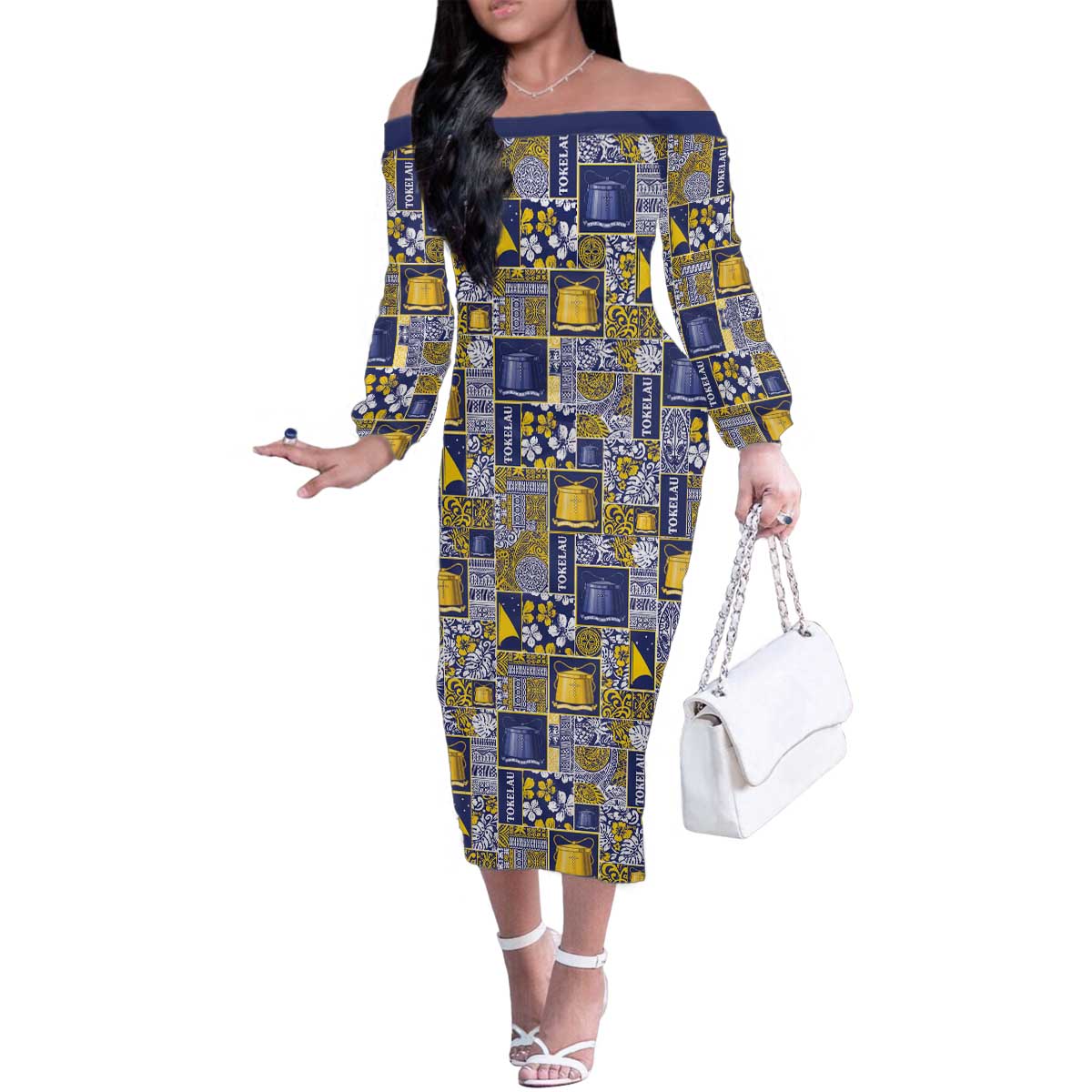 Tokelau Manuia te Kilihimahi Family Matching Off The Shoulder Long Sleeve Dress and Hawaiian Shirt Pacific Patchwork Xmas Vibes - Polynesian Pride