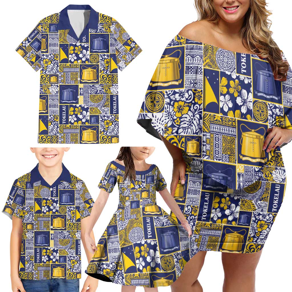 Tokelau Manuia te Kilihimahi Family Matching Off Shoulder Short Dress and Hawaiian Shirt Pacific Patchwork Xmas Vibes - Polynesian Pride