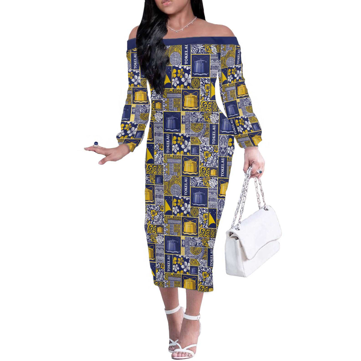 Tokelau Manuia te Kilihimahi Off The Shoulder Long Sleeve Dress Pacific Patchwork Xmas Vibes - Polynesian Pride