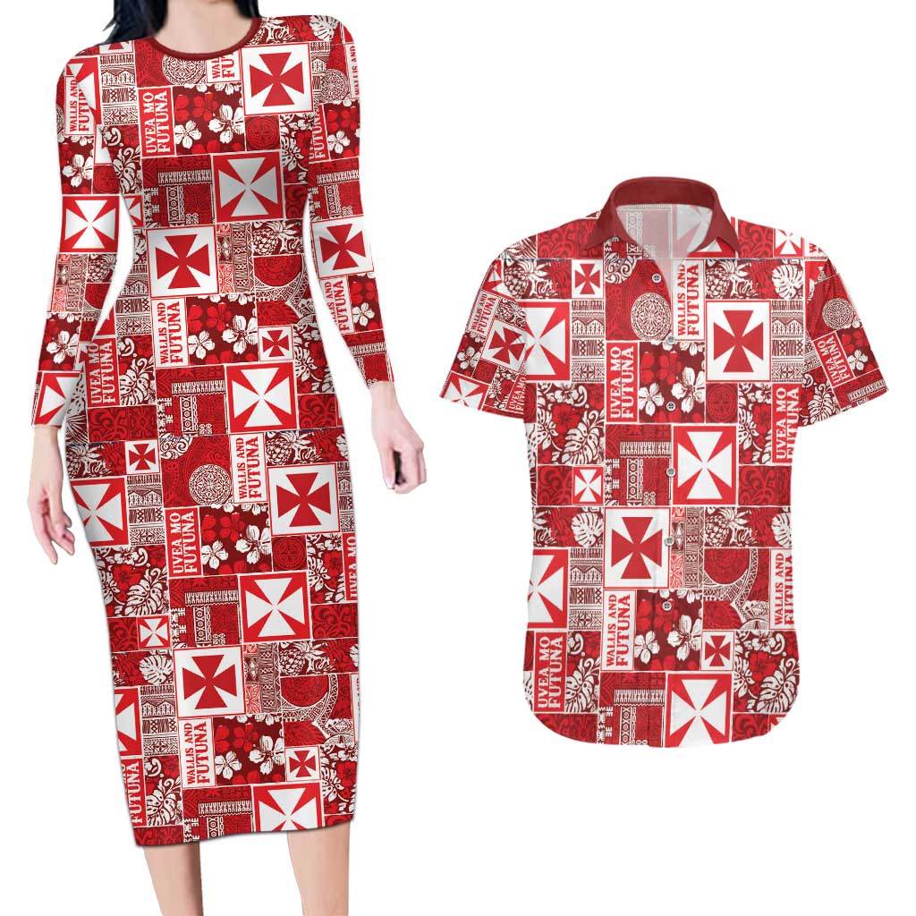 Wallis Et Futuna Kilisimasi Fiefia Couples Matching Long Sleeve Bodycon Dress and Hawaiian Shirt Pacific Patchwork Xmas Vibes - Polynesian Pride