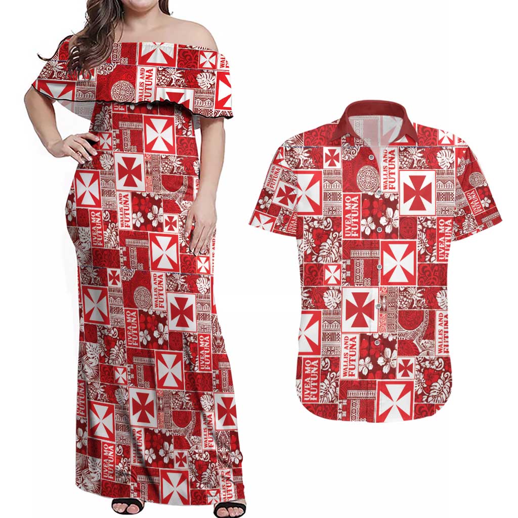 Wallis Et Futuna Kilisimasi Fiefia Couples Matching Off Shoulder Maxi Dress and Hawaiian Shirt Pacific Patchwork Xmas Vibes - Polynesian Pride
