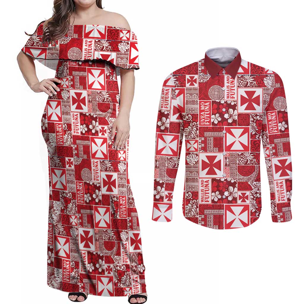 Wallis Et Futuna Kilisimasi Fiefia Couples Matching Off Shoulder Maxi Dress and Long Sleeve Button Shirt Pacific Patchwork Xmas Vibes LT9 Red - Polynesian Pride