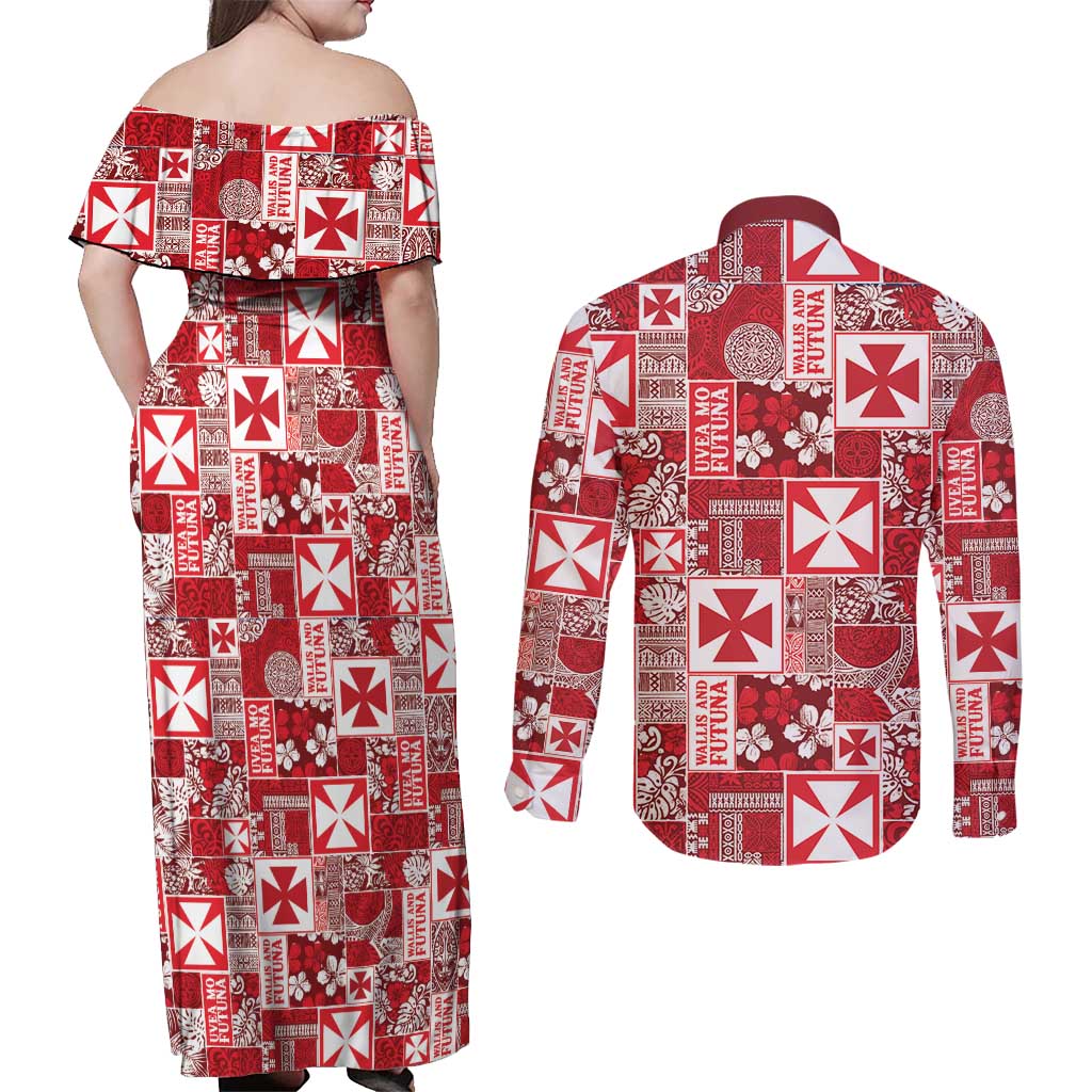 Wallis Et Futuna Kilisimasi Fiefia Couples Matching Off Shoulder Maxi Dress and Long Sleeve Button Shirt Pacific Patchwork Xmas Vibes LT9 - Polynesian Pride