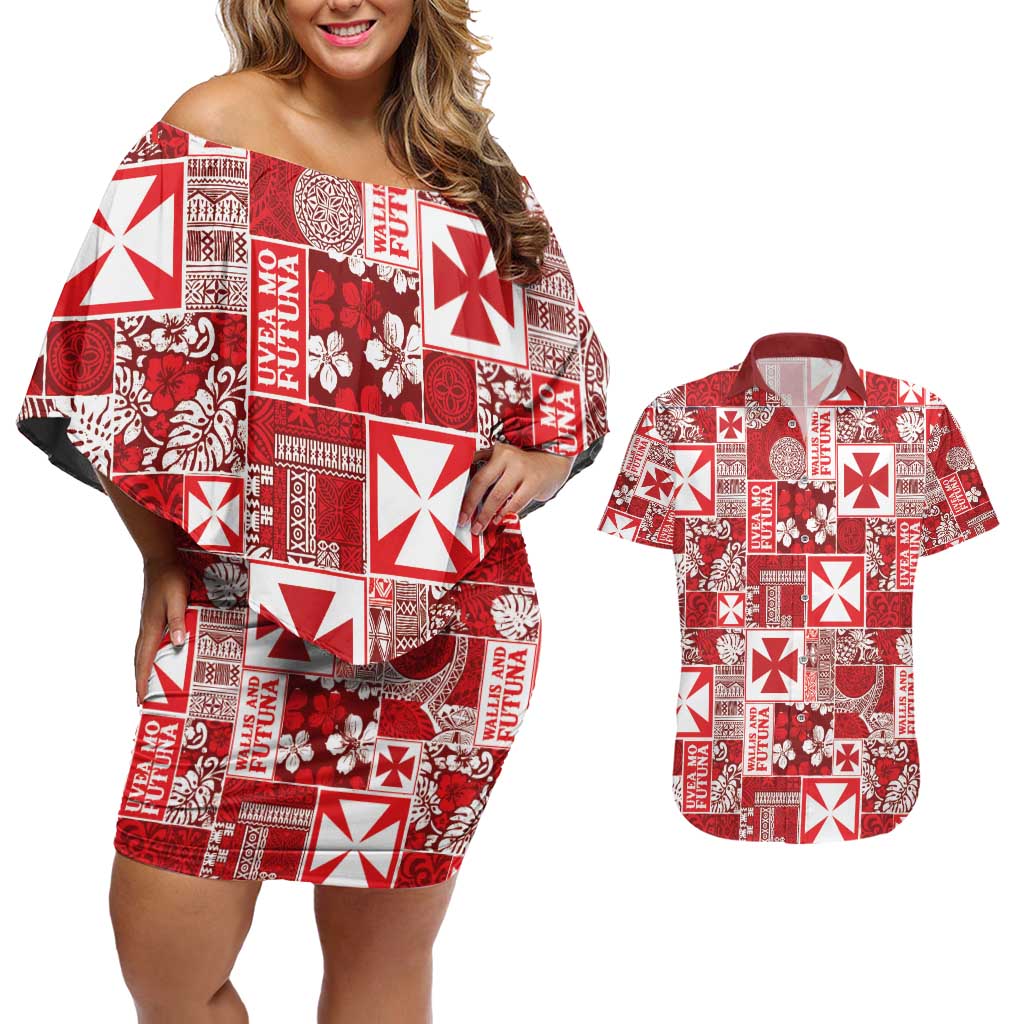Wallis Et Futuna Kilisimasi Fiefia Couples Matching Off Shoulder Short Dress and Hawaiian Shirt Pacific Patchwork Xmas Vibes - Polynesian Pride