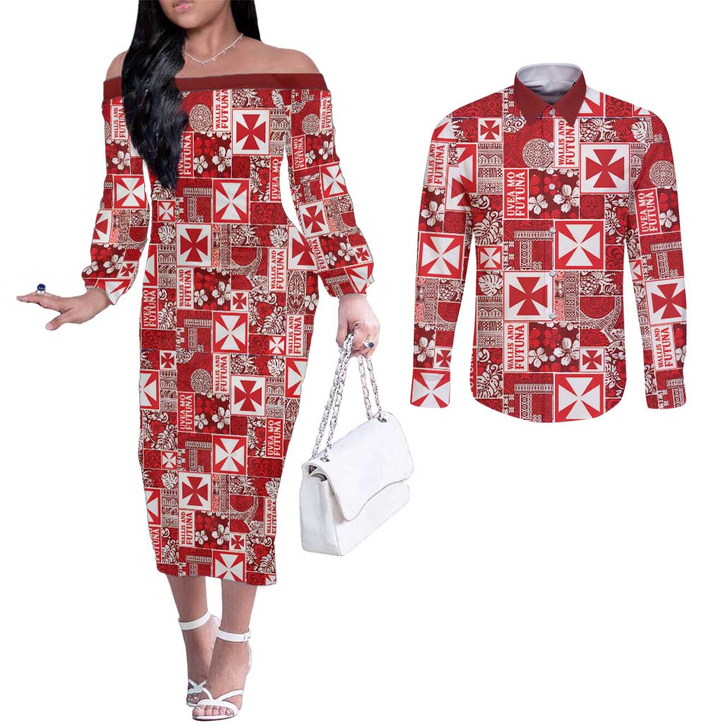 Wallis Et Futuna Kilisimasi Fiefia Couples Matching Off The Shoulder Long Sleeve Dress and Long Sleeve Button Shirt Pacific Patchwork Xmas Vibes LT9 Red - Polynesian Pride