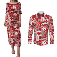 Wallis Et Futuna Kilisimasi Fiefia Couples Matching Puletasi and Long Sleeve Button Shirt Pacific Patchwork Xmas Vibes LT9 Red - Polynesian Pride