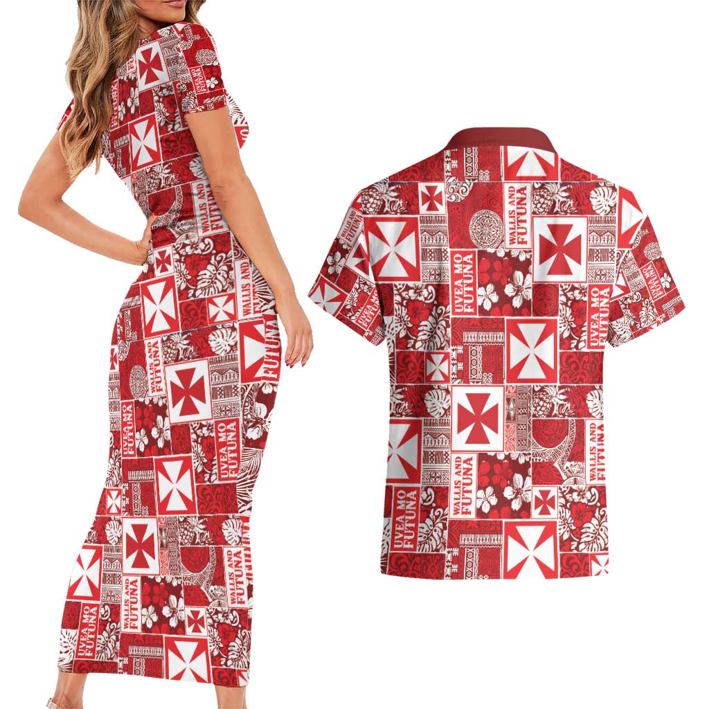 Wallis Et Futuna Kilisimasi Fiefia Couples Matching Short Sleeve Bodycon Dress and Hawaiian Shirt Pacific Patchwork Xmas Vibes - Polynesian Pride