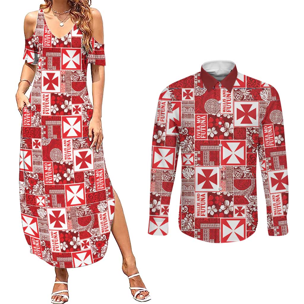 Wallis Et Futuna Kilisimasi Fiefia Couples Matching Summer Maxi Dress and Long Sleeve Button Shirt Pacific Patchwork Xmas Vibes LT9 Red - Polynesian Pride