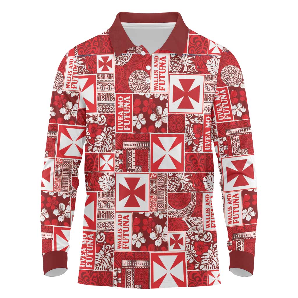 Wallis Et Futuna Kilisimasi Fiefia Long Sleeve Polo Shirt Pacific Patchwork Xmas Vibes LT9 Red - Polynesian Pride